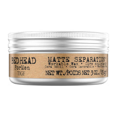 TIGI Bed Head for Men Matte Separation Wax 3oz tub provides strong hold with a natural matte finish.