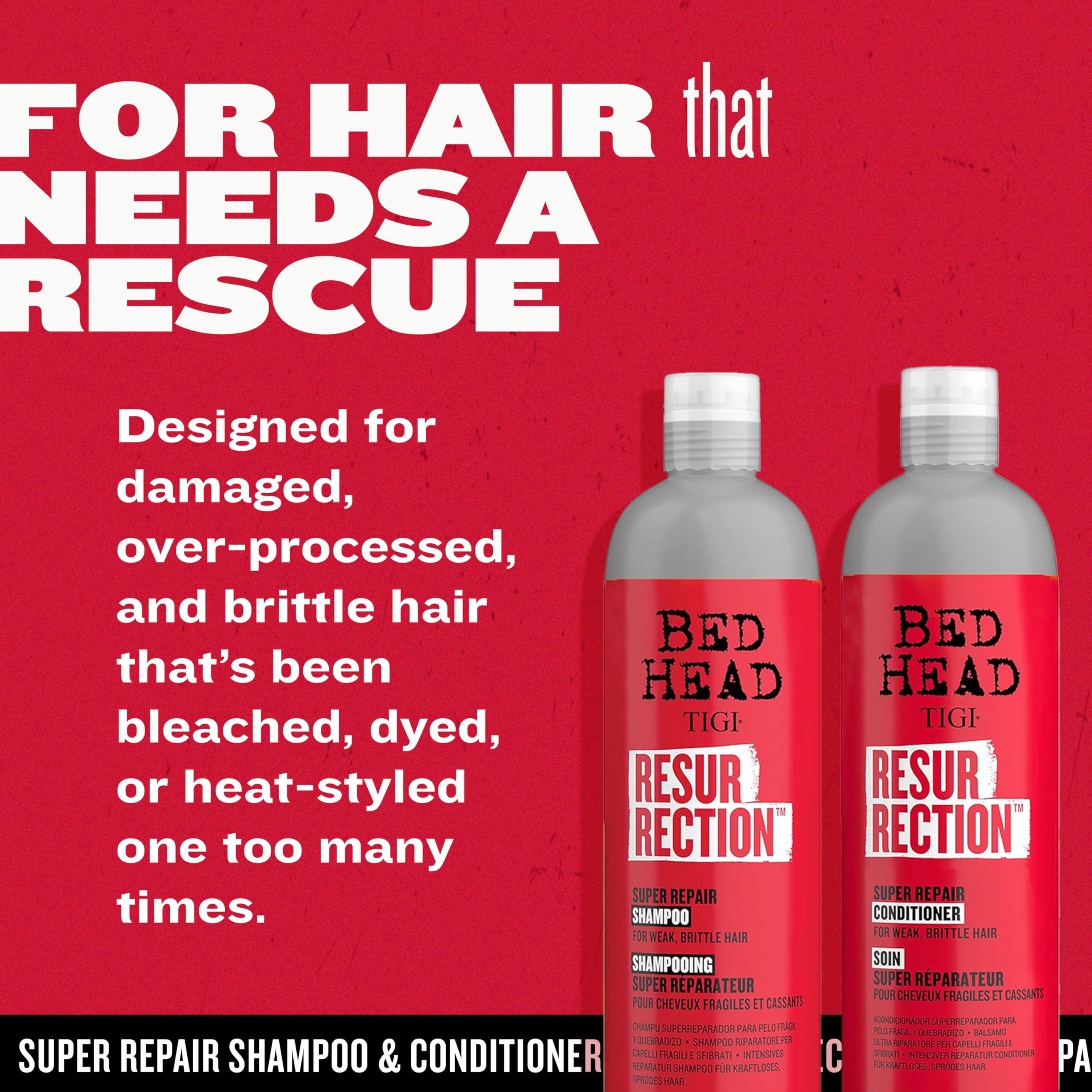 TIGI Bed Head Resurrection conditioner on smooth, shiny hair ends showing revitalized texture.