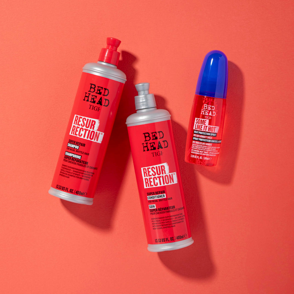 TIGI Bed Head Resurrection routine image in a sink illustrating simple 1-2 treatment steps.