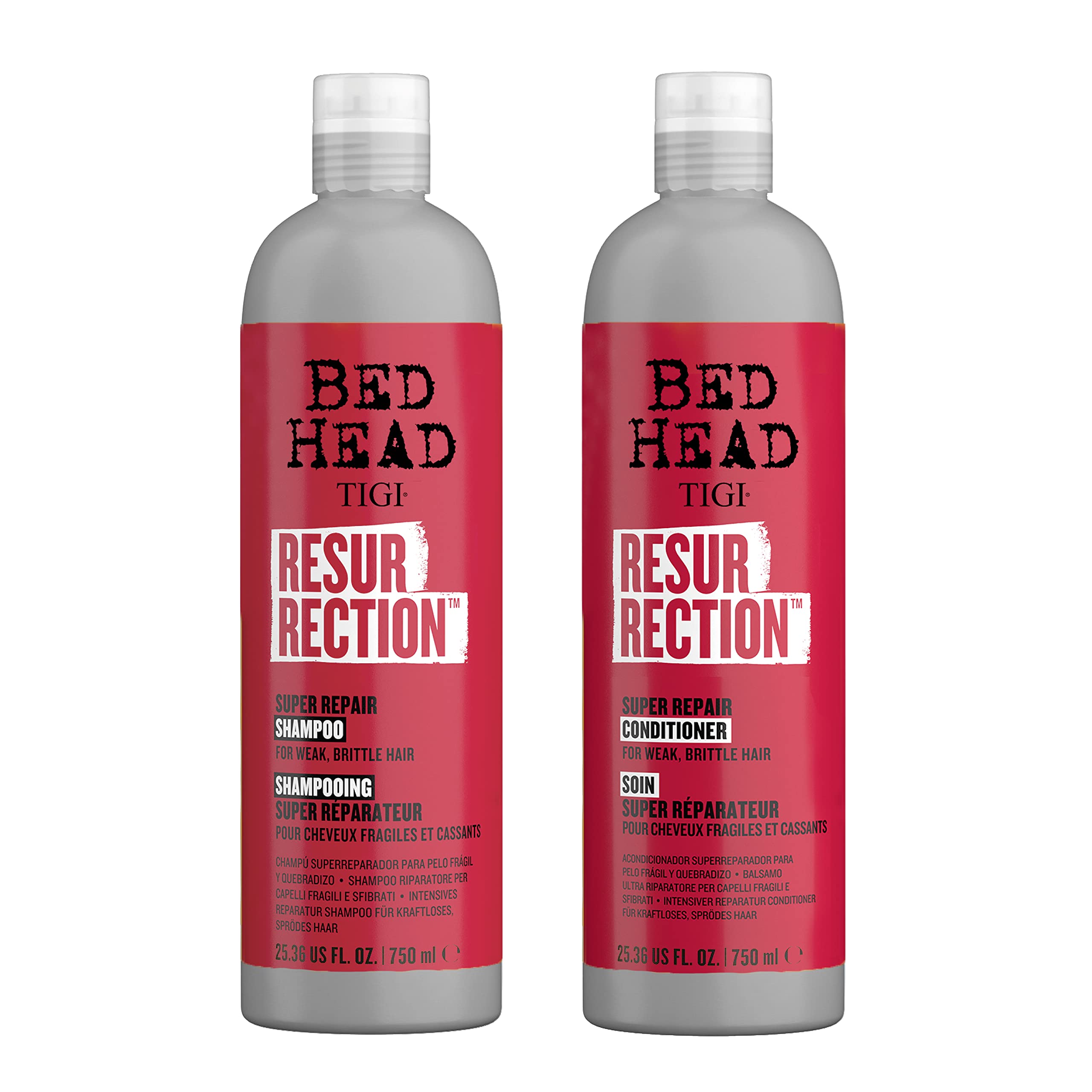 TIGI Bed Head Resurrection shampoo bottle pour showing maximum-strength repair for dry, damaged hair.