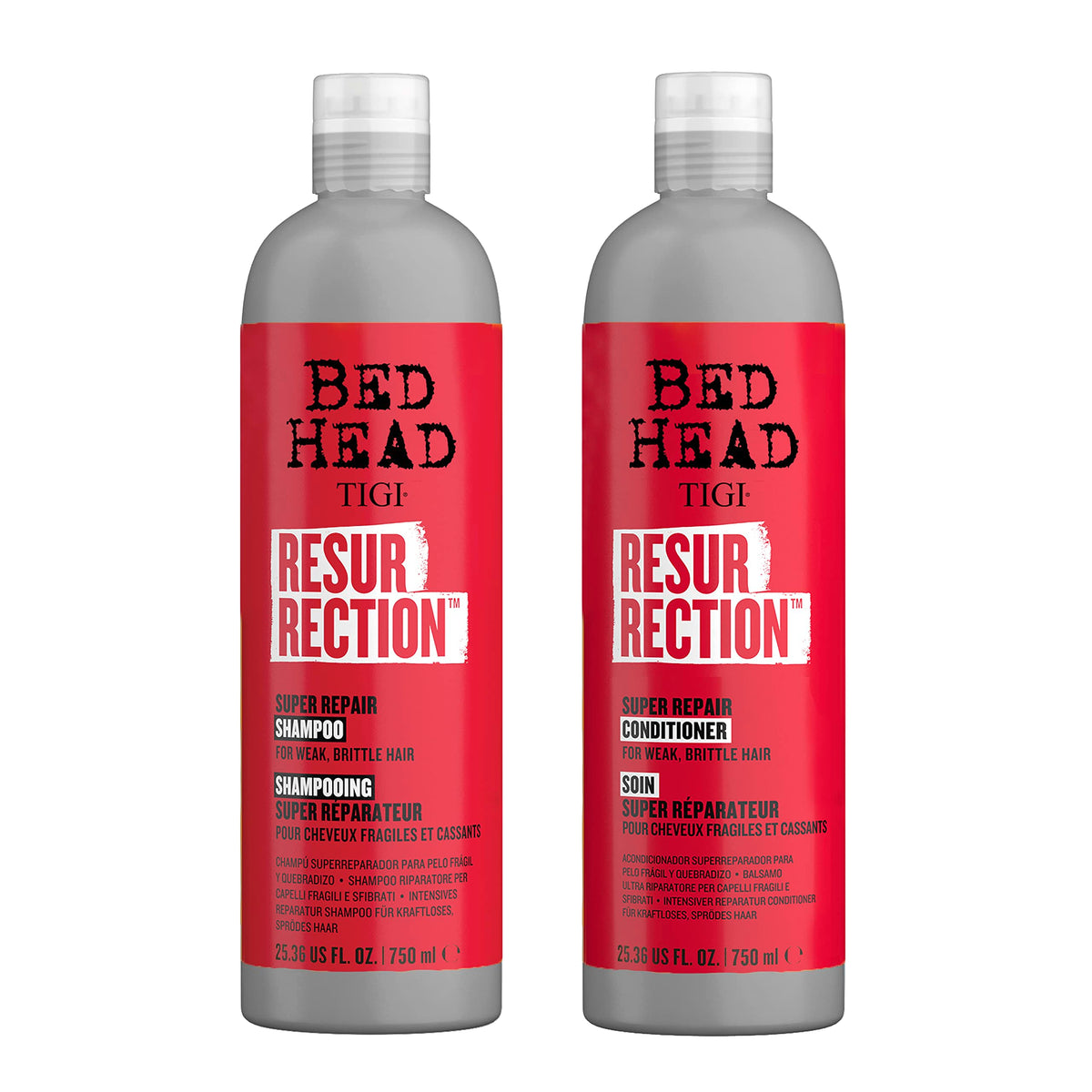 TIGI Bed Head Resurrection shampoo bottle pour showing maximum-strength repair for dry, damaged hair.