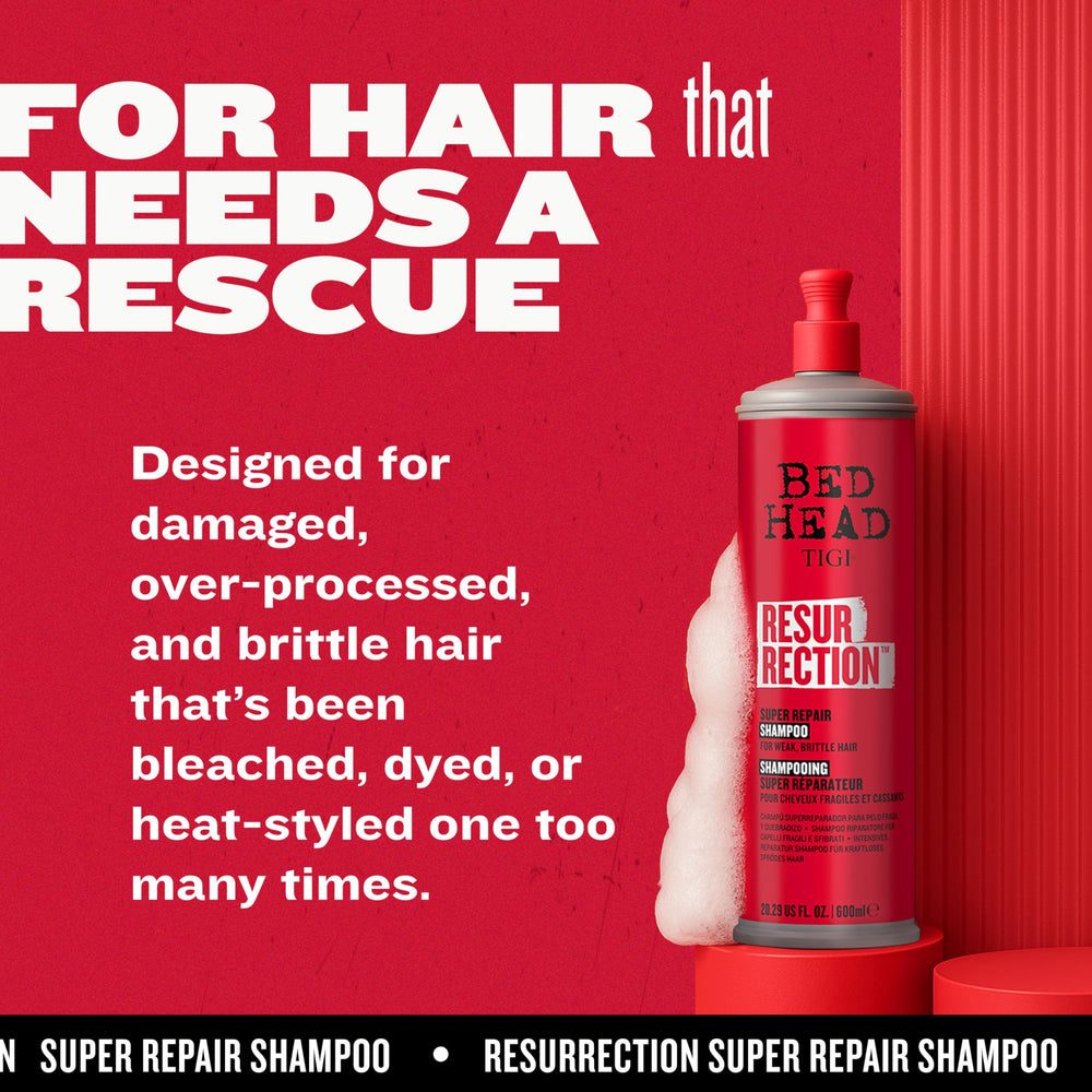 TIGI Bed Head Resurrection Shampoo close-up shows damaged hair repair and cuticle smoothing.