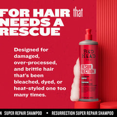 TIGI Bed Head Resurrection Shampoo close-up shows damaged hair repair and cuticle smoothing.