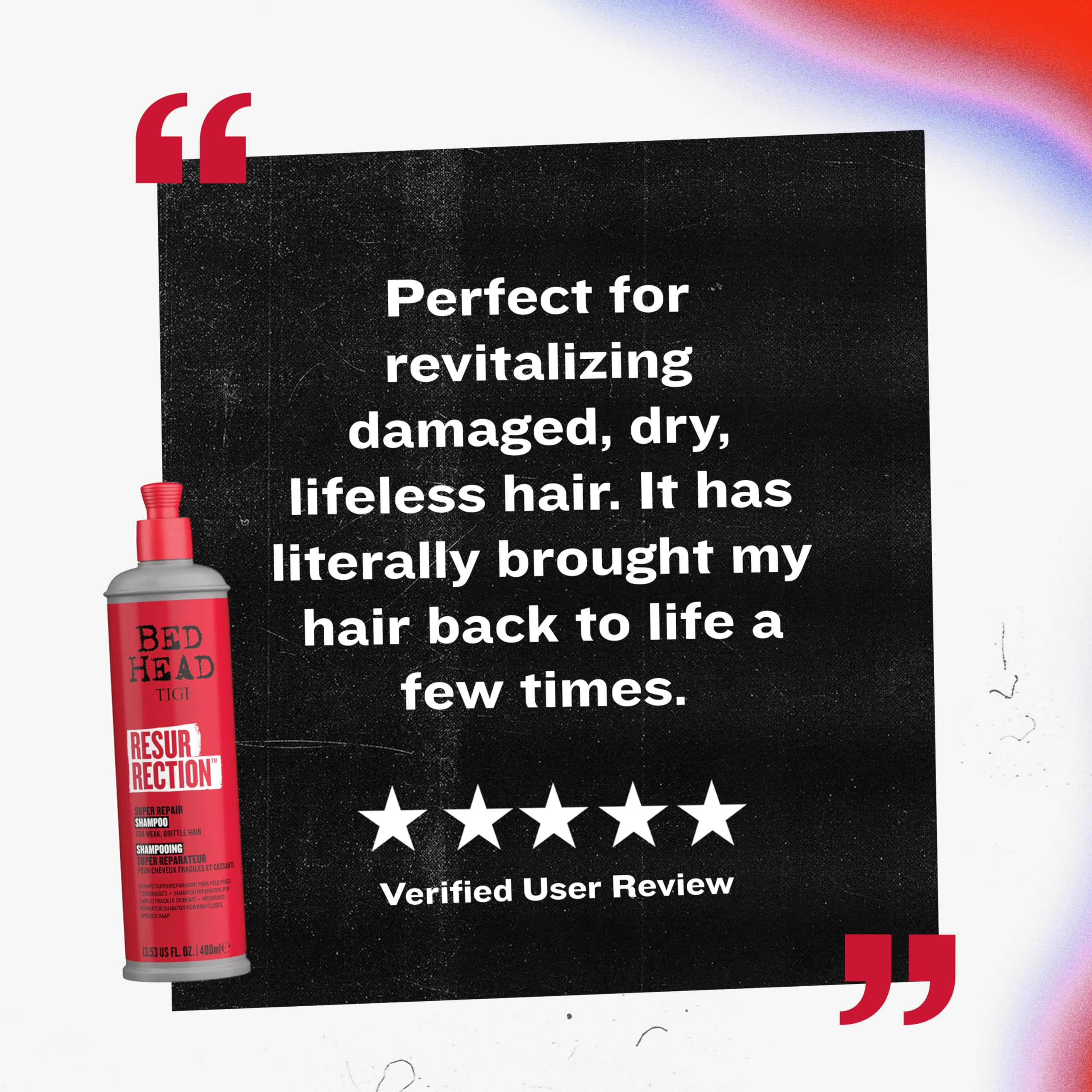 TIGI Bed Head Resurrection Shampoo duo with conditioner hint for a complete routine.