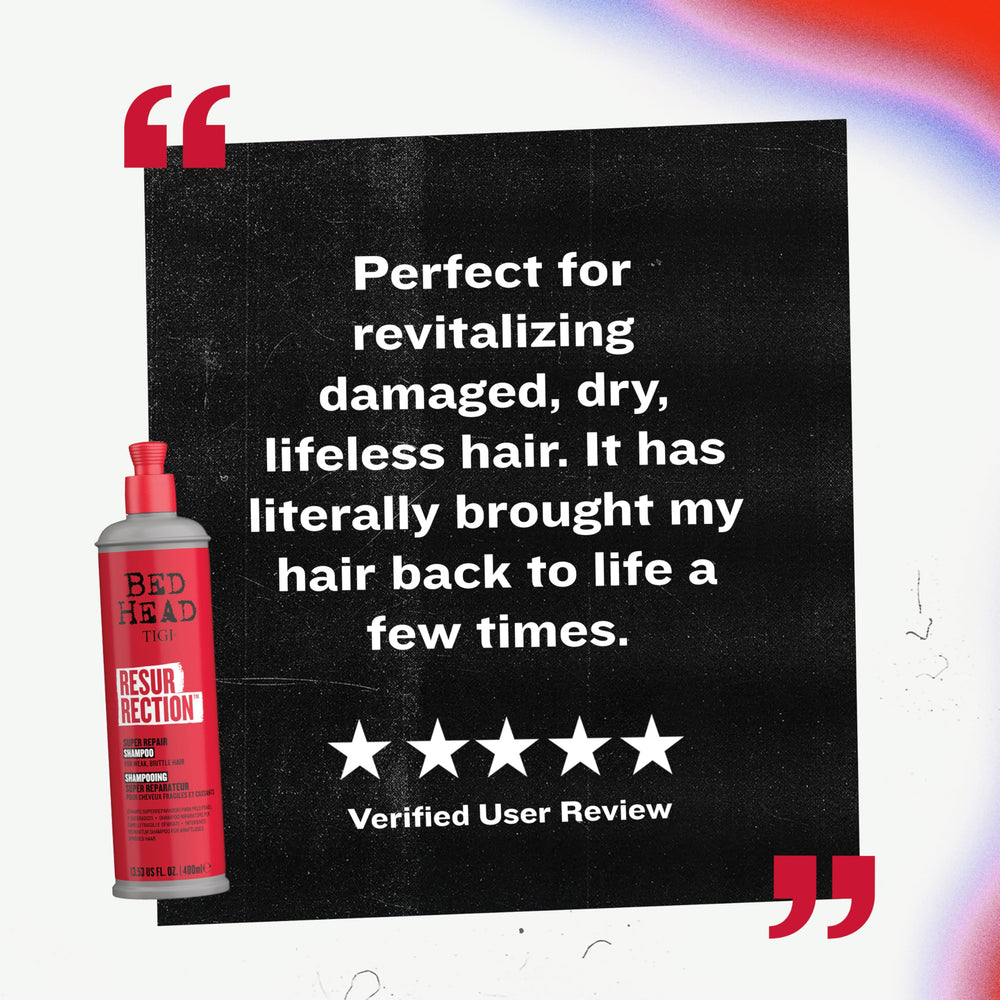 TIGI Bed Head Resurrection Shampoo duo with conditioner hint for a complete routine.