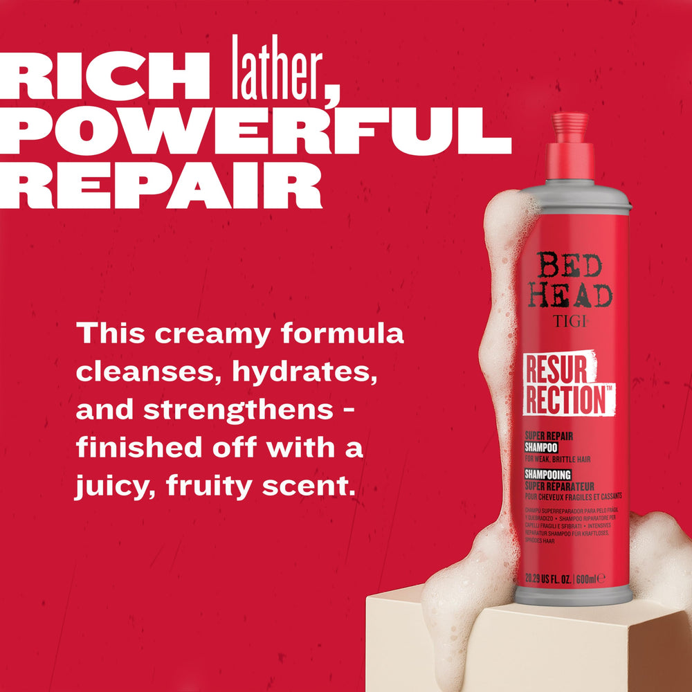 TIGI Bed Head Resurrection Shampoo lather close-up focusing on shine and manageability.