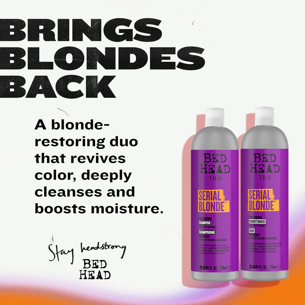 TIGI Bed Head Serial Blonde packaging box promotes at-home salon-quality restoration.