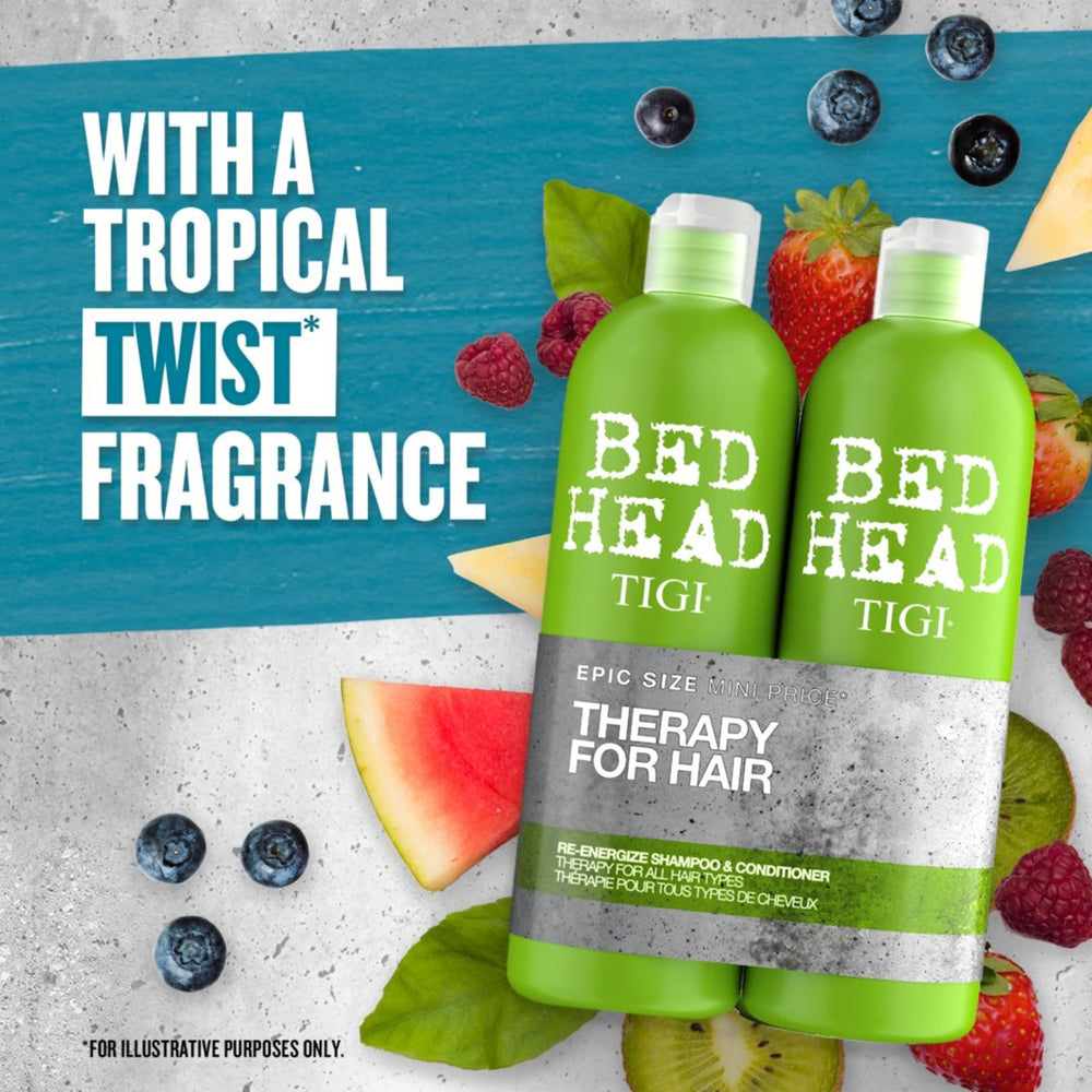 TIGI Bed Head Urban Antidotes Re-Energize promo image suggesting glossy hair after daily use