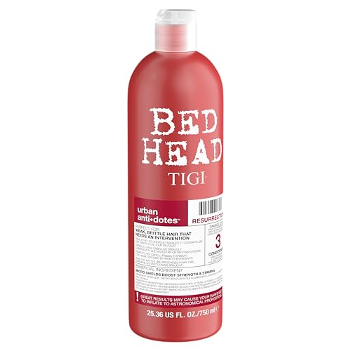 Closeup of TIGI Resurrection conditioner label highlighting targeted repair for damaged strands.