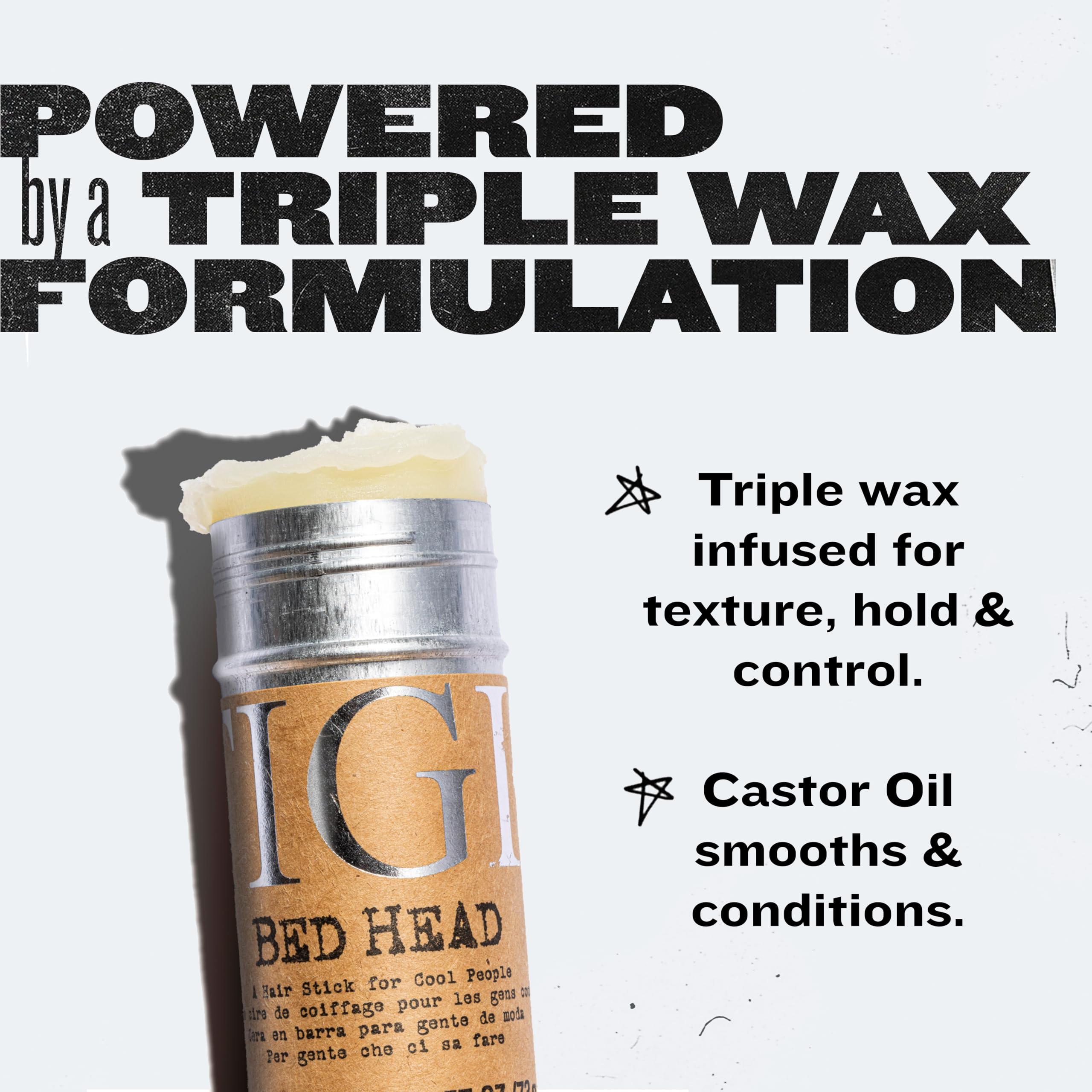 TIGI Bed Head Wax Stick leaves hair with lavender fragrance for fresh scent.