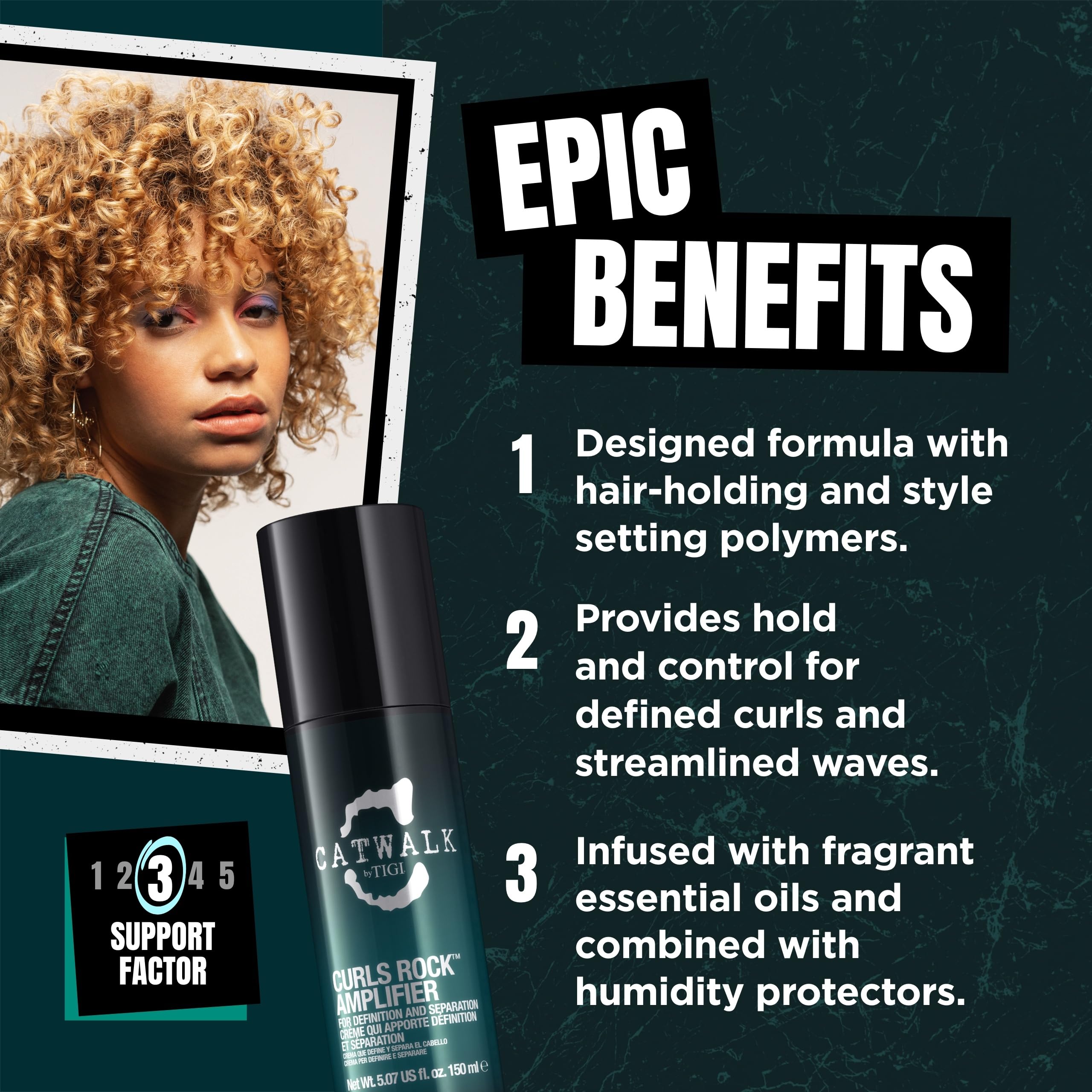 TIGI Catwalk Curls Rock Amplifier on curls delivering definition and moisture for shine.