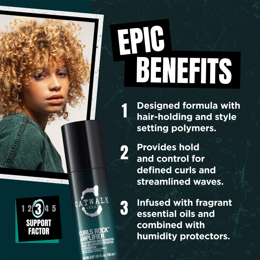 TIGI Catwalk Curls Rock Amplifier on curls delivering definition and moisture for shine.
