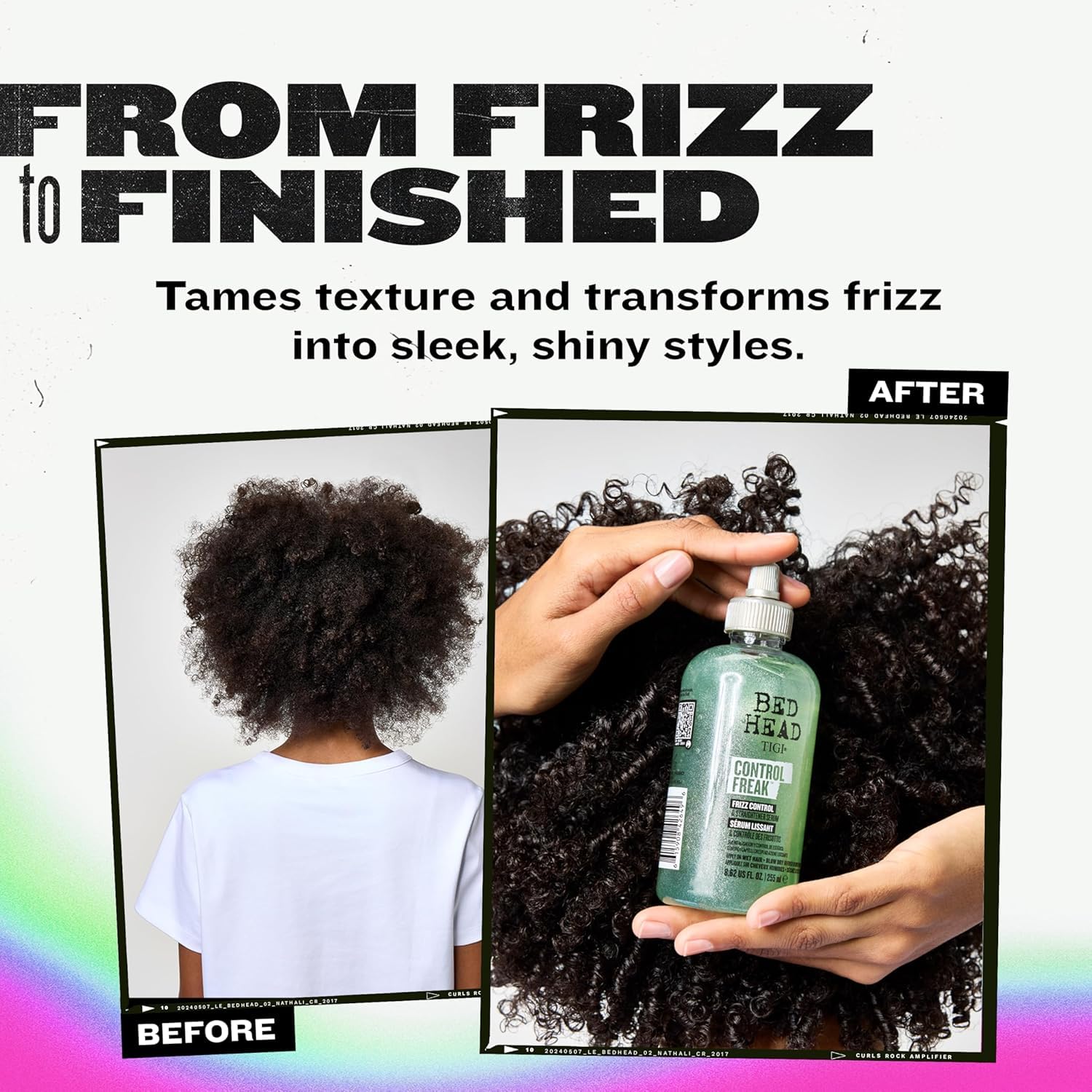 Defined, shiny curls with TIGI Control Freak and frizz resistance.