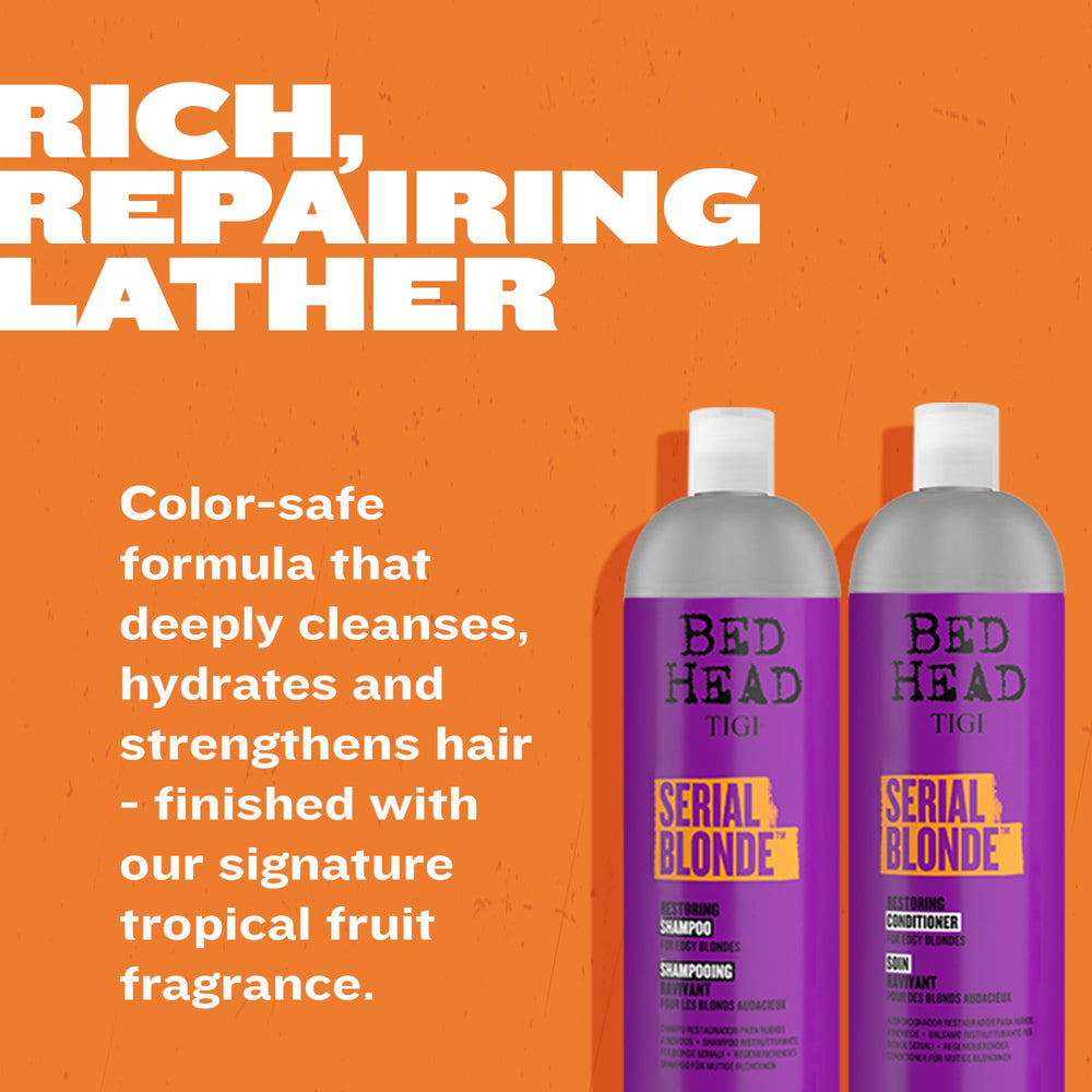 TIGI Serial Blonde application demonstration shows 5–10 minute deep conditioning option.