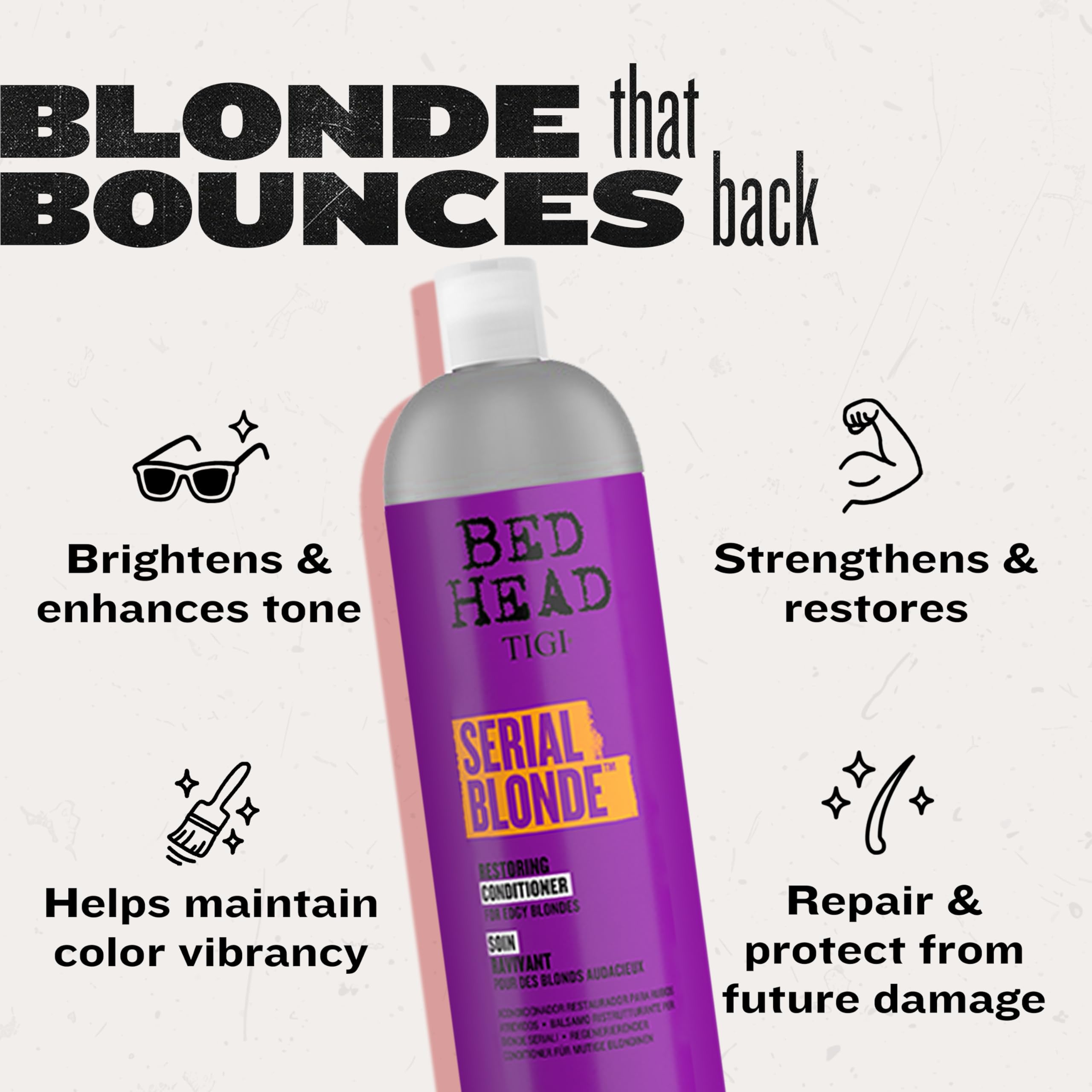TIGI Serial Blonde infographic explains milk protein and keratin rebuilding shine.