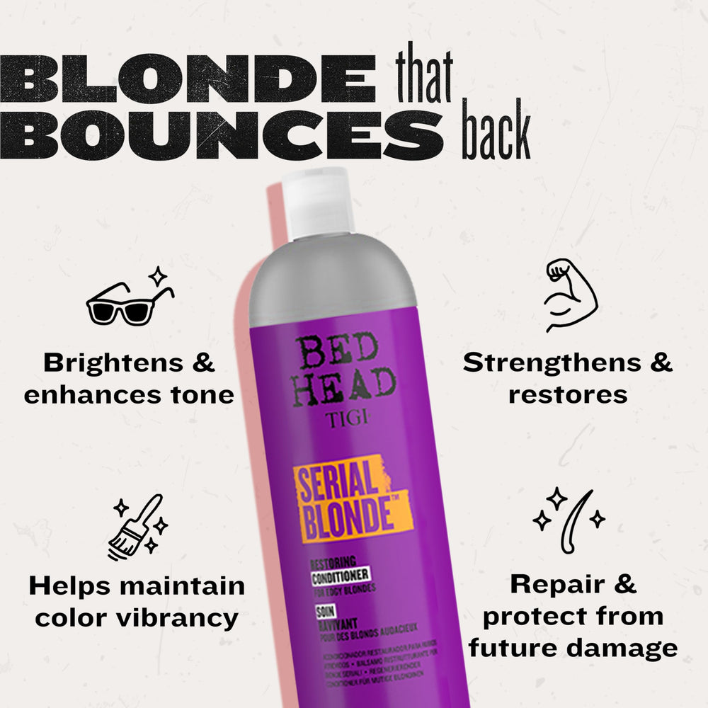 TIGI Serial Blonde infographic explains milk protein and keratin rebuilding shine.