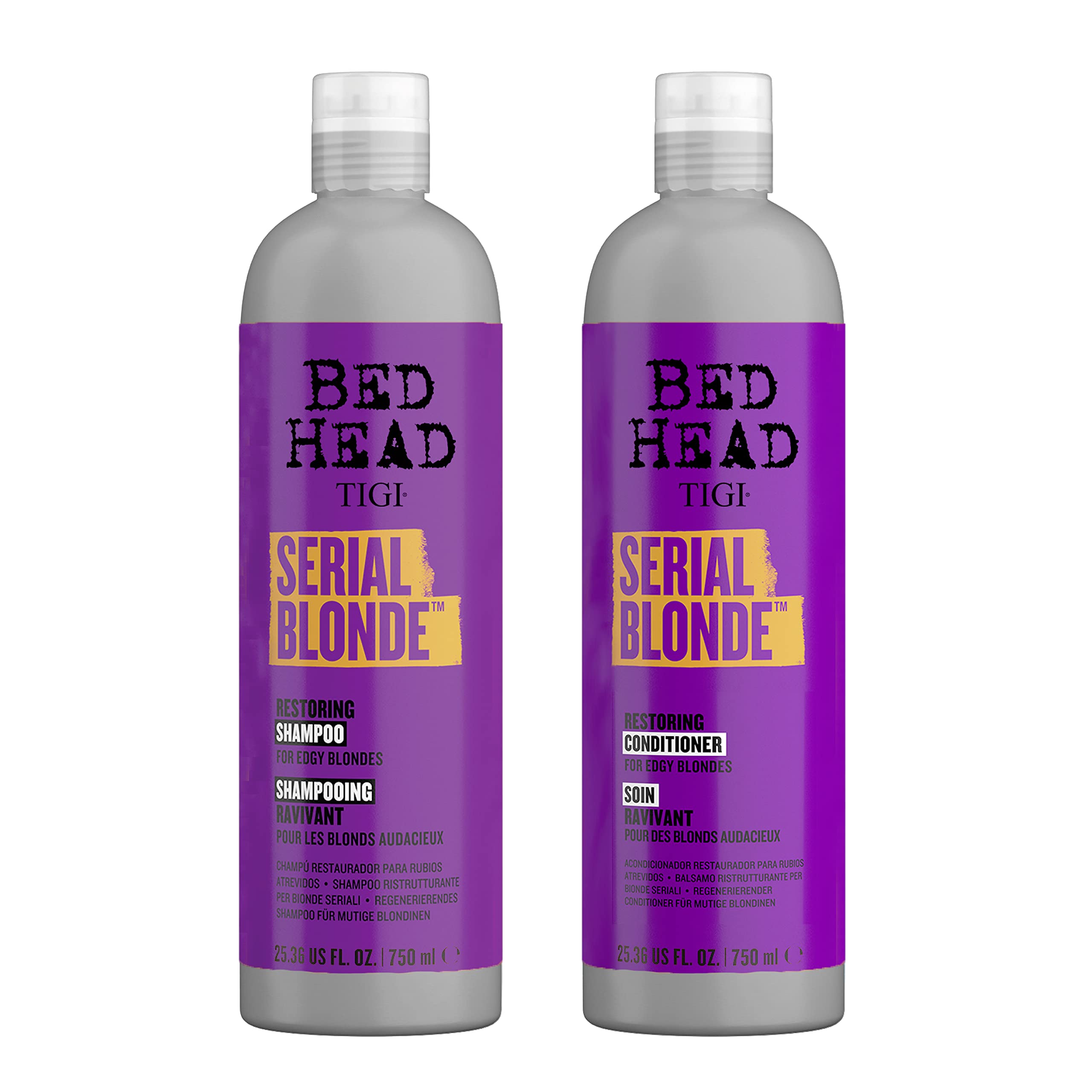 TIGI Serial Blonde restoring shampoo bottle showcases salon-grade blonde care.