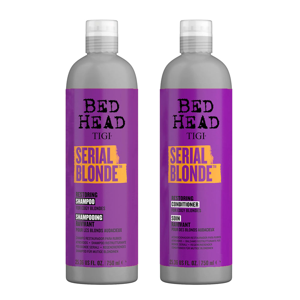 TIGI Serial Blonde restoring shampoo bottle showcases salon-grade blonde care.