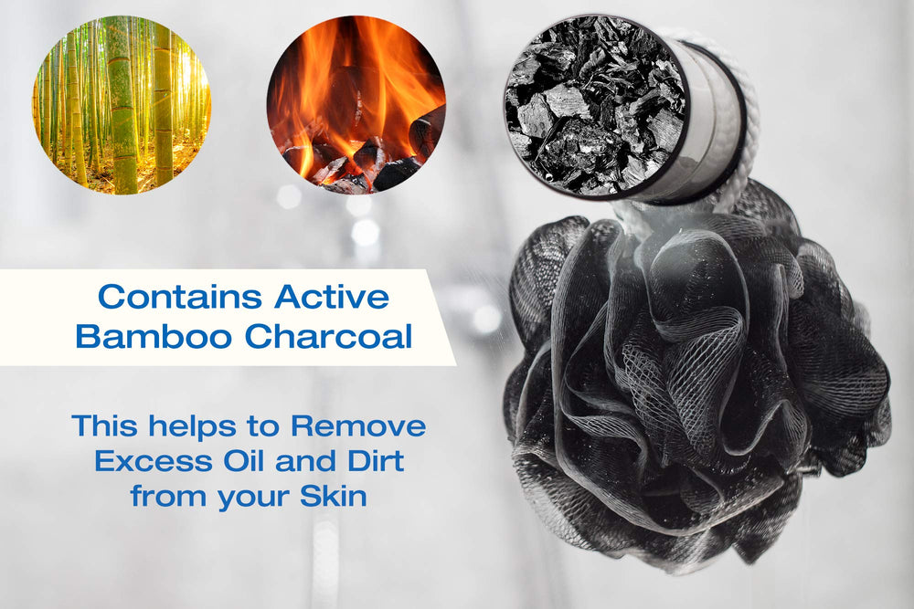 Tilcare charcoal bath sponge visualizing dirt removal and refreshed skin.