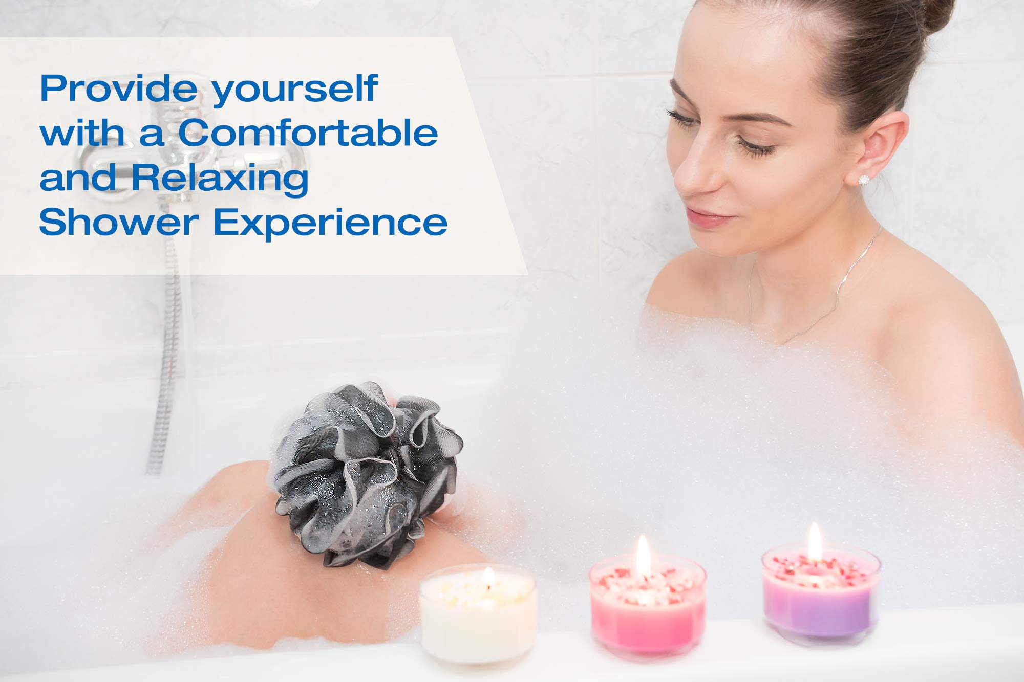 Tilcare packaged shower loofahs on display for easy purchase.