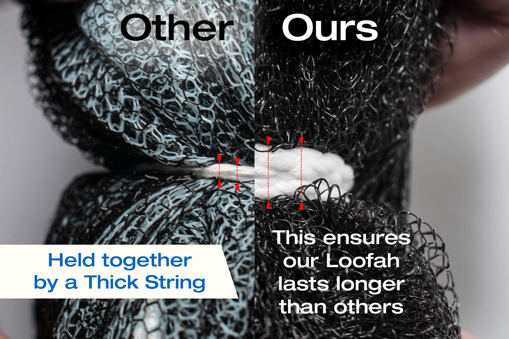 Tilcare XXL charcoal shower loofah lathering with rich foam.