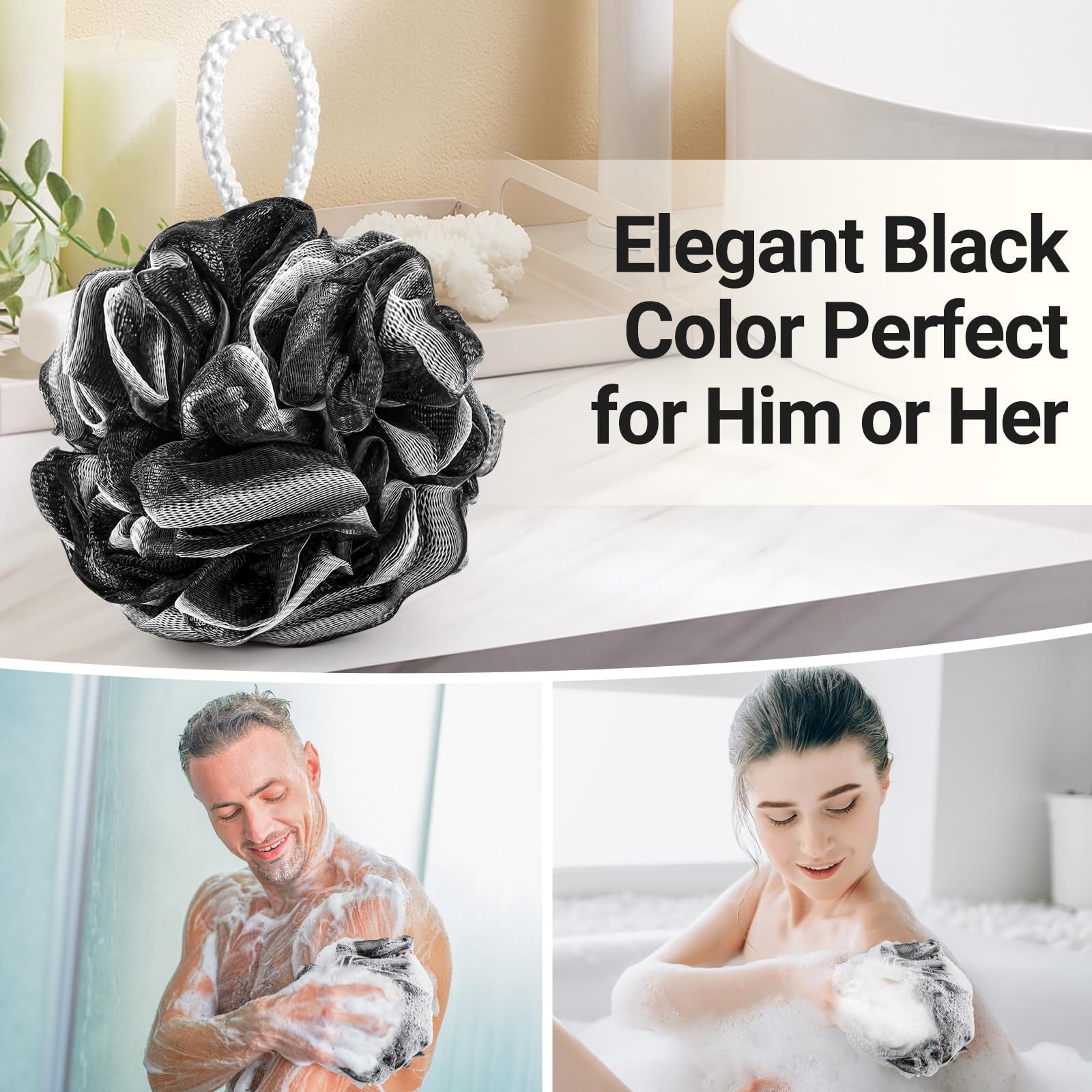 Tilcare XXL charcoal shower loofah in use in shower for exfoliation.
