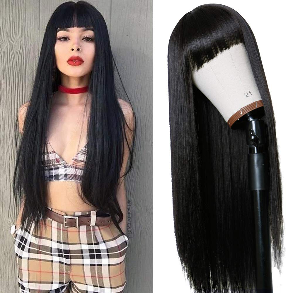 TIMANZO long straight wig side view in natural black for everyday styling.