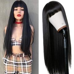 TIMANZO long straight wig side view in natural black for everyday styling.