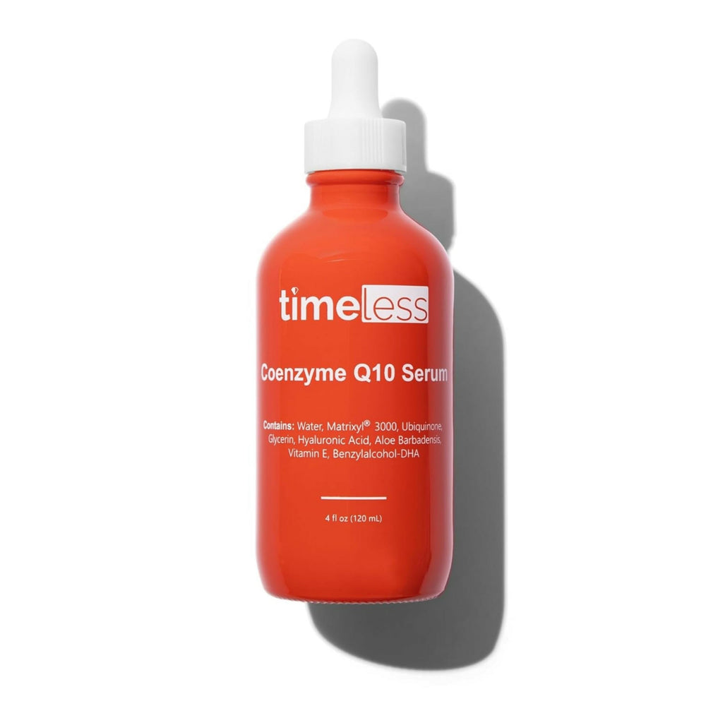 Timeless Skin Care Coenzyme Q10 Serum bottle front highlights fragrance-free hydration for daily moisture.