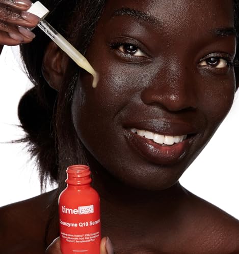 Timeless Skin Care Coenzyme Q10 Serum ingredients label highlights Matrixyl 3000 and Hyaluronic Acid for nourishment.