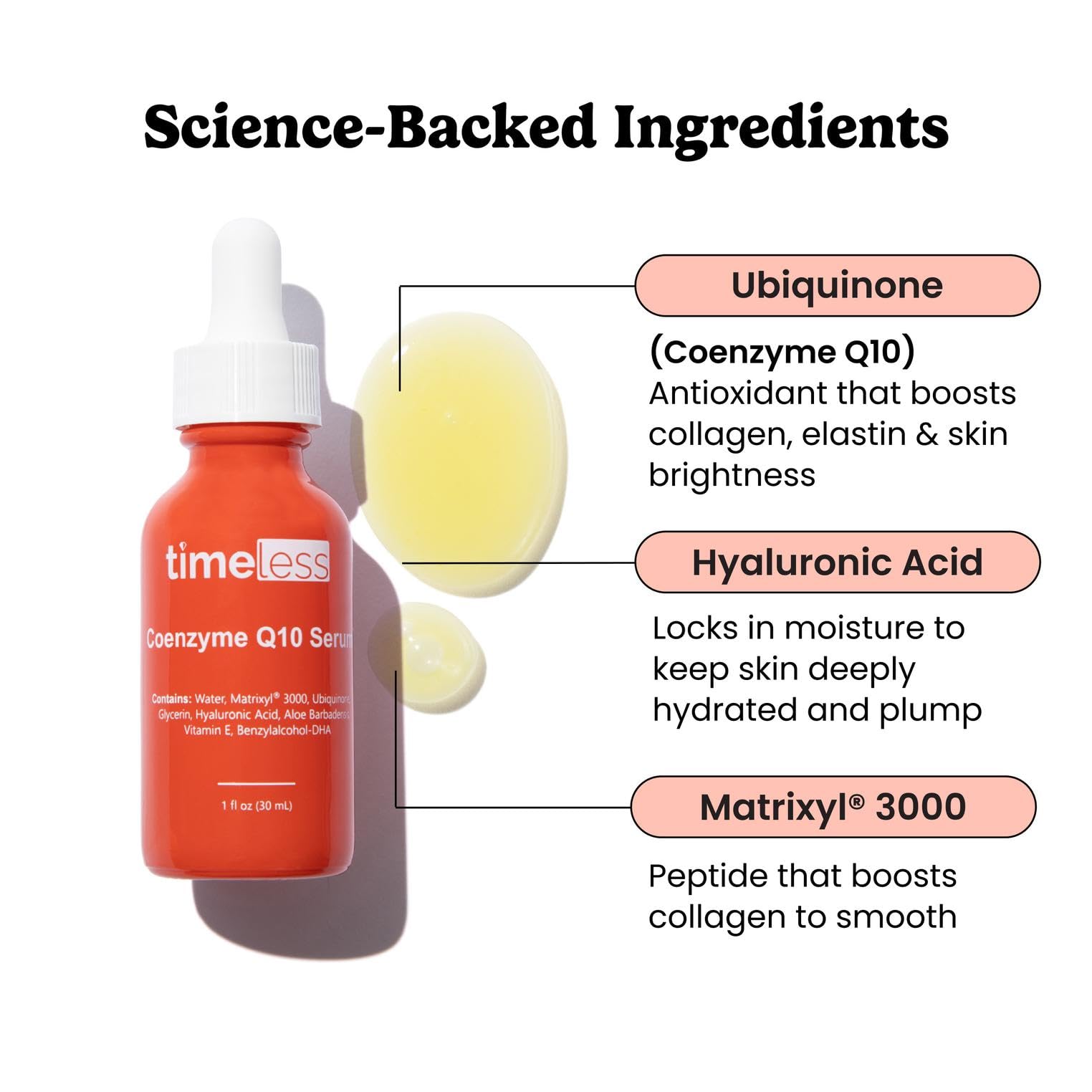 Timeless Skin Care CoQ10 Serum ingredients label with ubiquinone and Matrixyl 3000.
