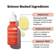Timeless Skin Care CoQ10 Serum ingredients label with ubiquinone and Matrixyl 3000.