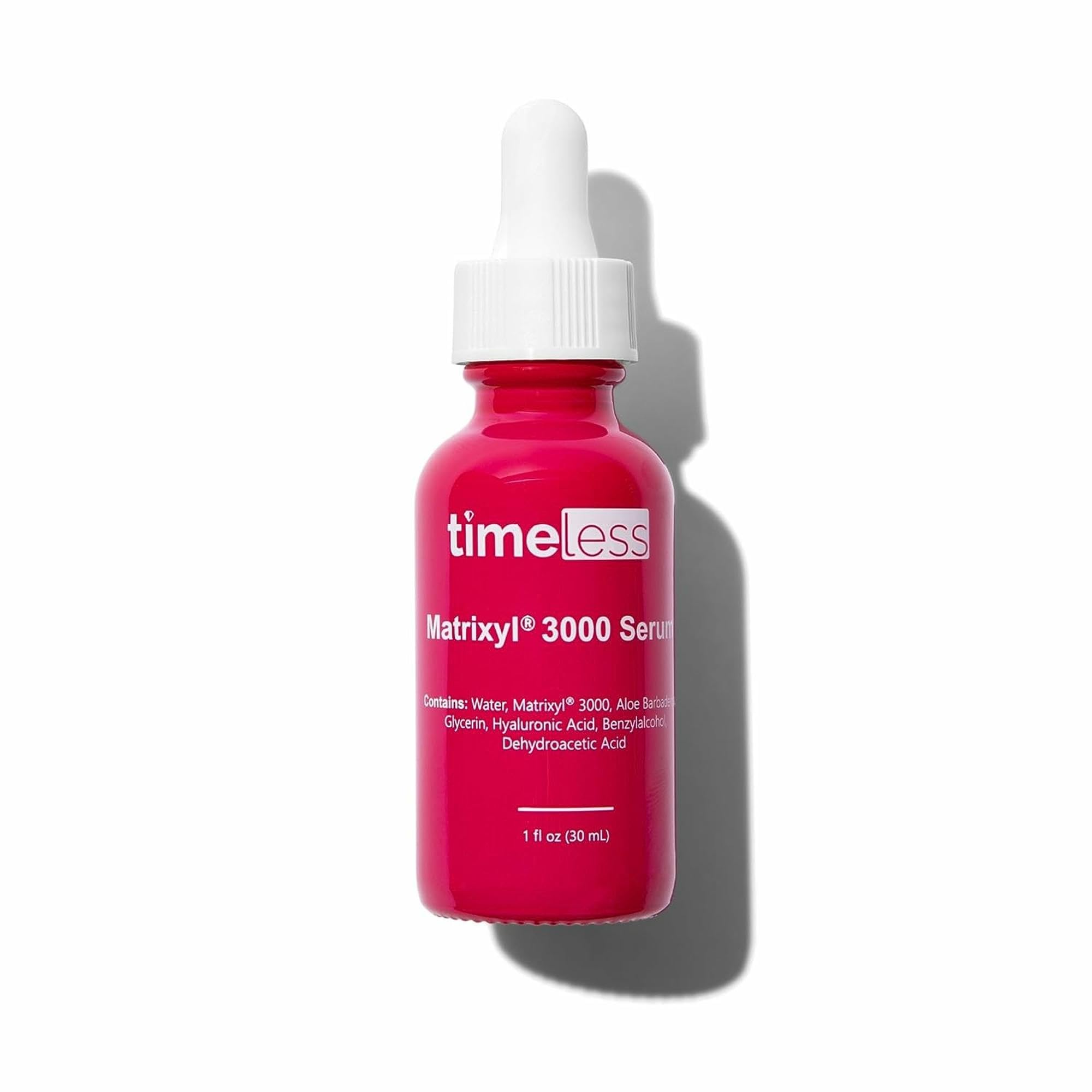 Timeless Skin Care Matrixyl 3000 Serum bottle highlights fragrance-free hydration for daily use.