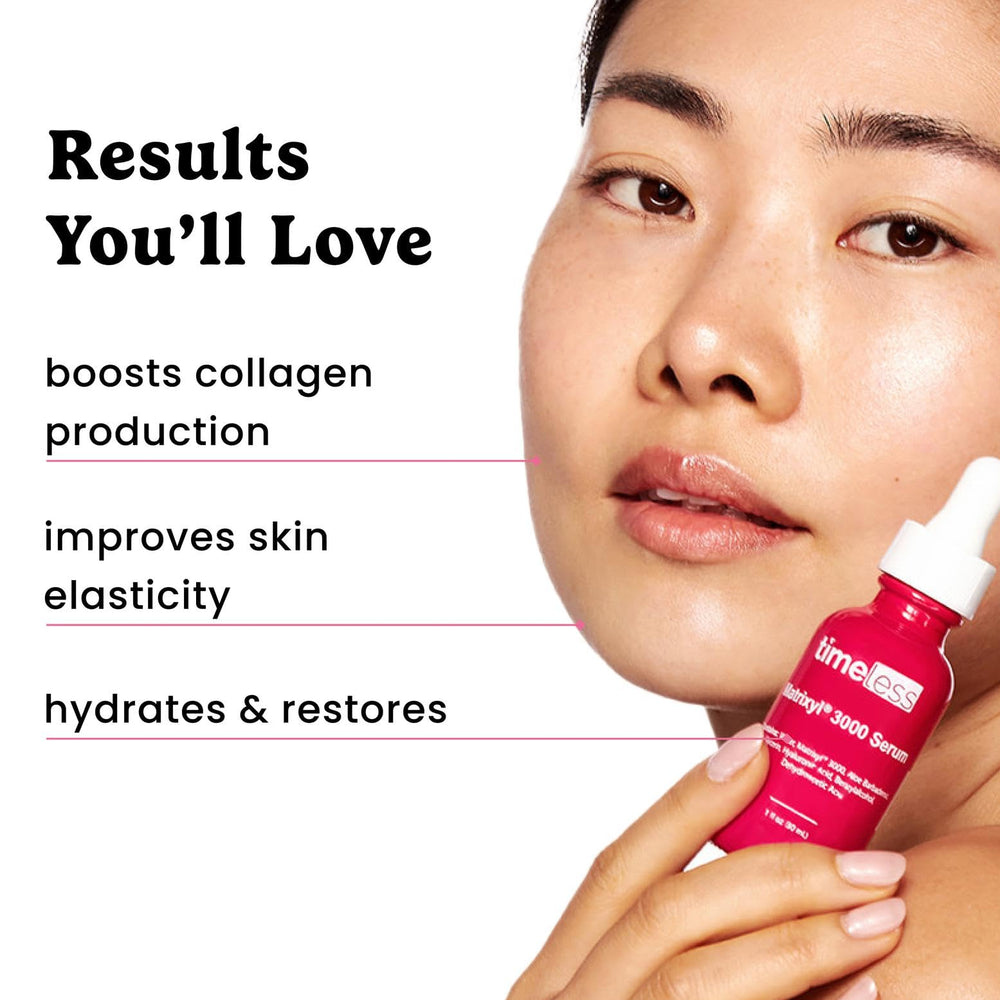 Timeless Skin Care Matrixyl 3000 Serum cruelty-free badge signals ethical skincare.