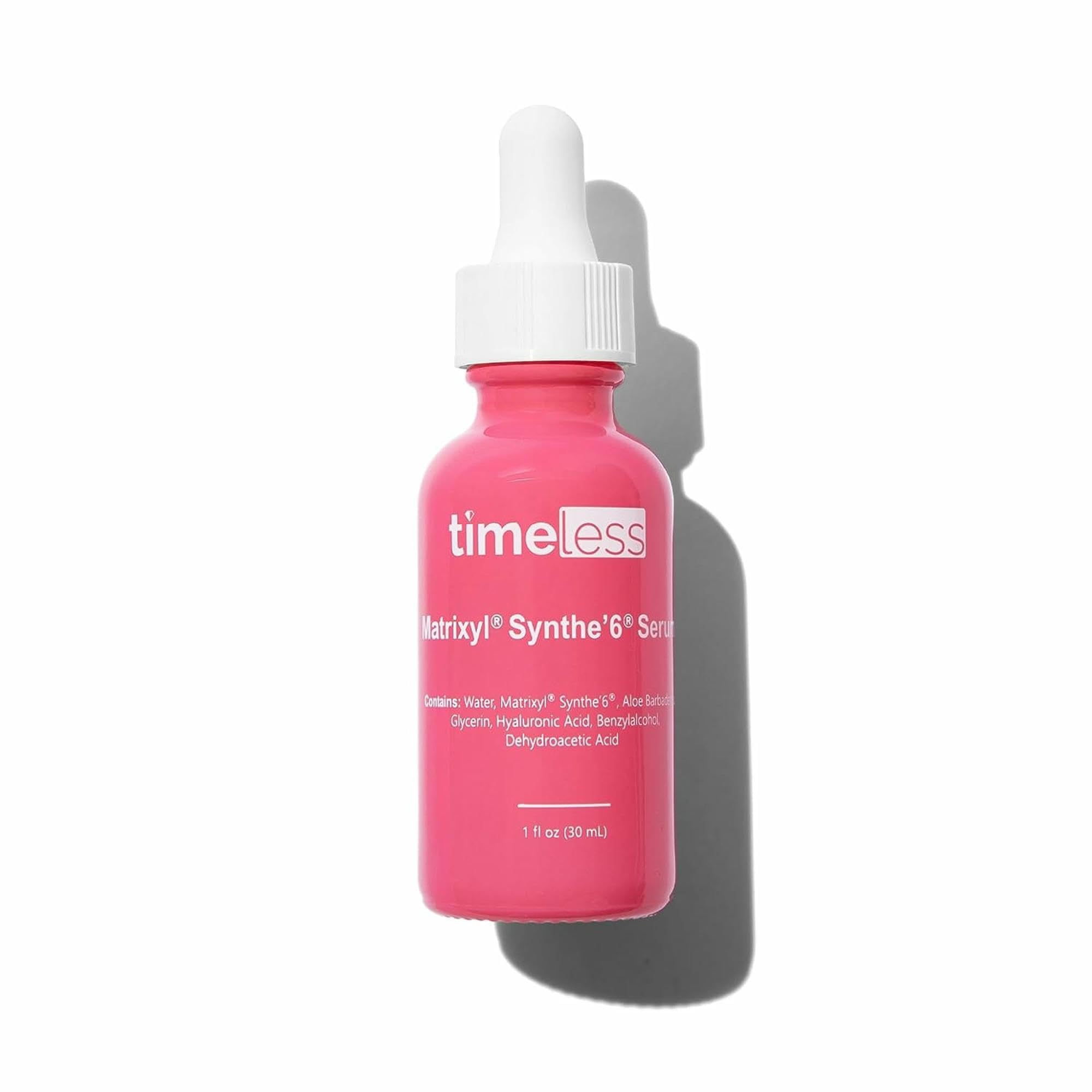 Timeless Skin Care Matrixyl Synthe’6 Serum bottle close-up showing hydrating formula.