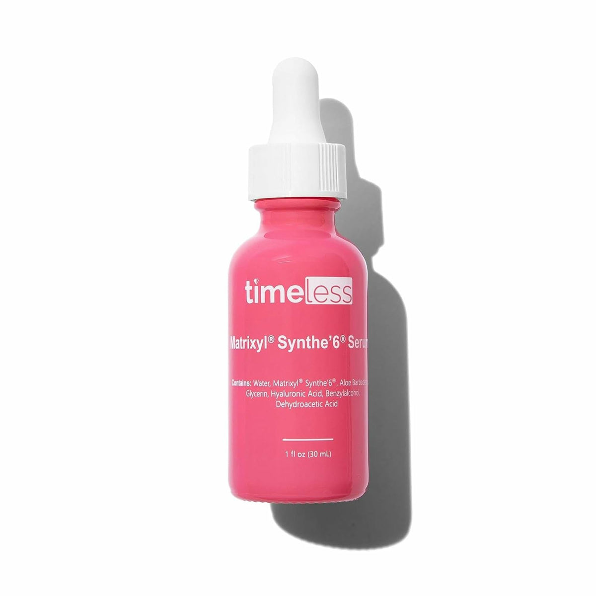 Timeless Skin Care Matrixyl Synthe’6 Serum bottle close-up showing hydrating formula.
