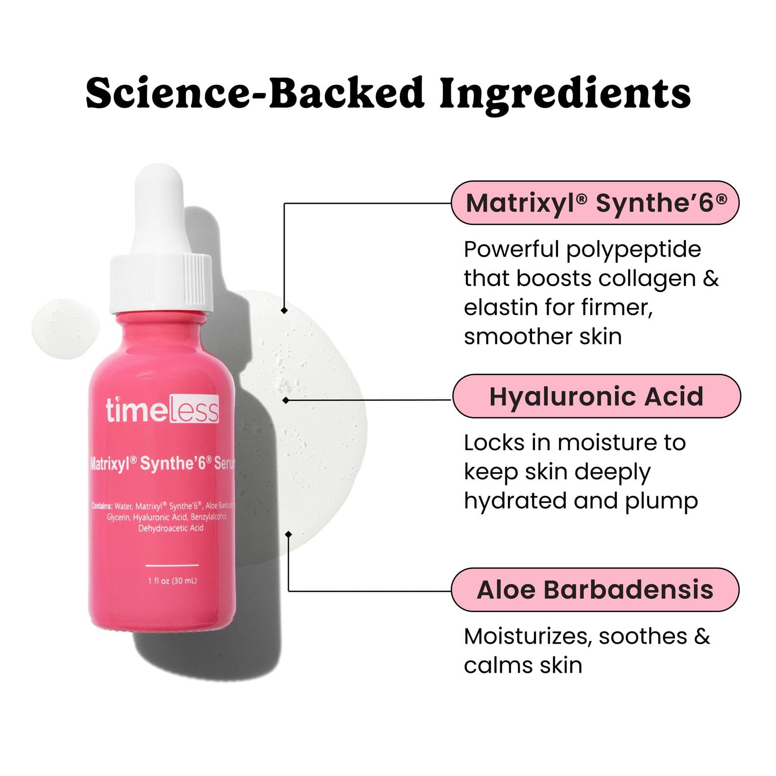 Timeless Skin Care Matrixyl Synthe’6 Serum dropper ready for precise application.