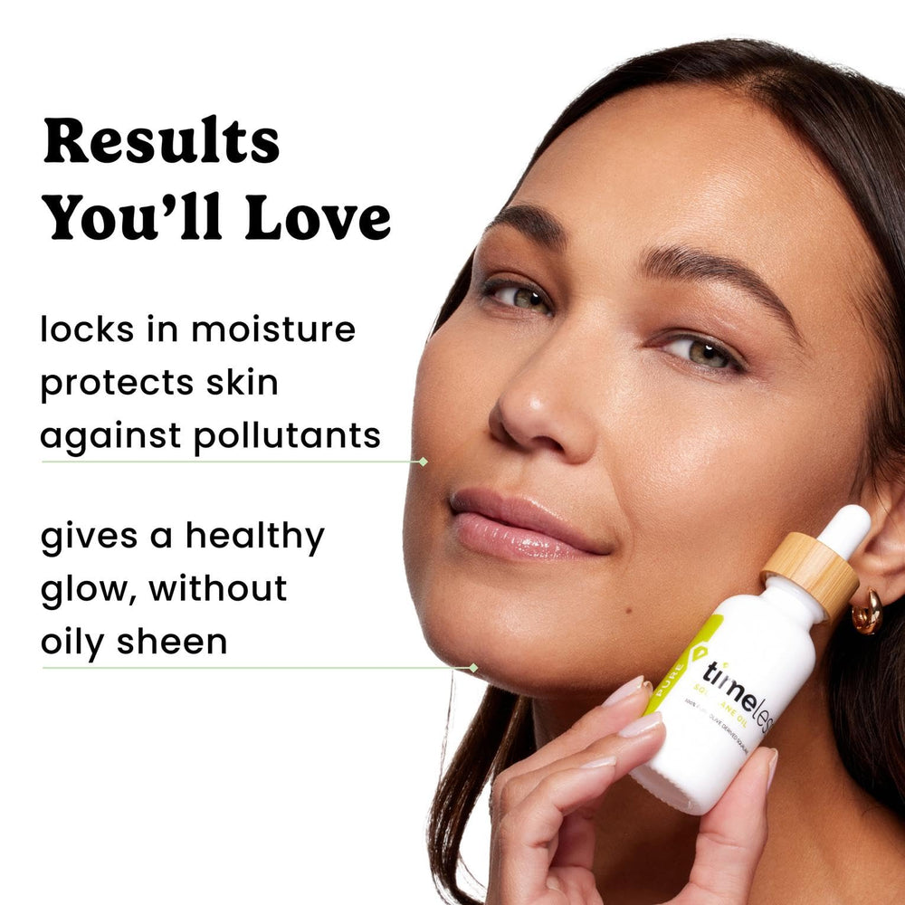 Timeless Skin Care Squalane Oil droplets indicate 2–3 drop usage for face care.