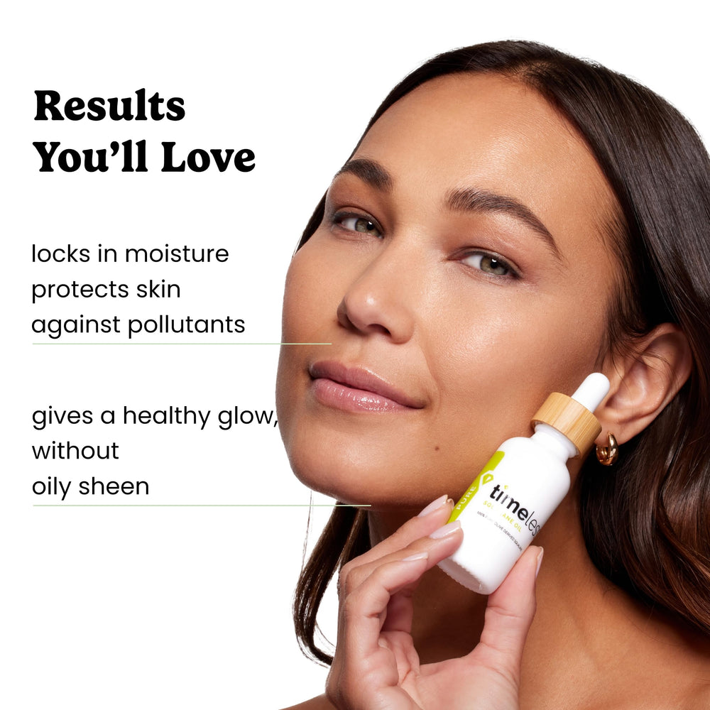 Timeless Skin Care Squalane Oil ingredients label highlights pure plant-based formula.