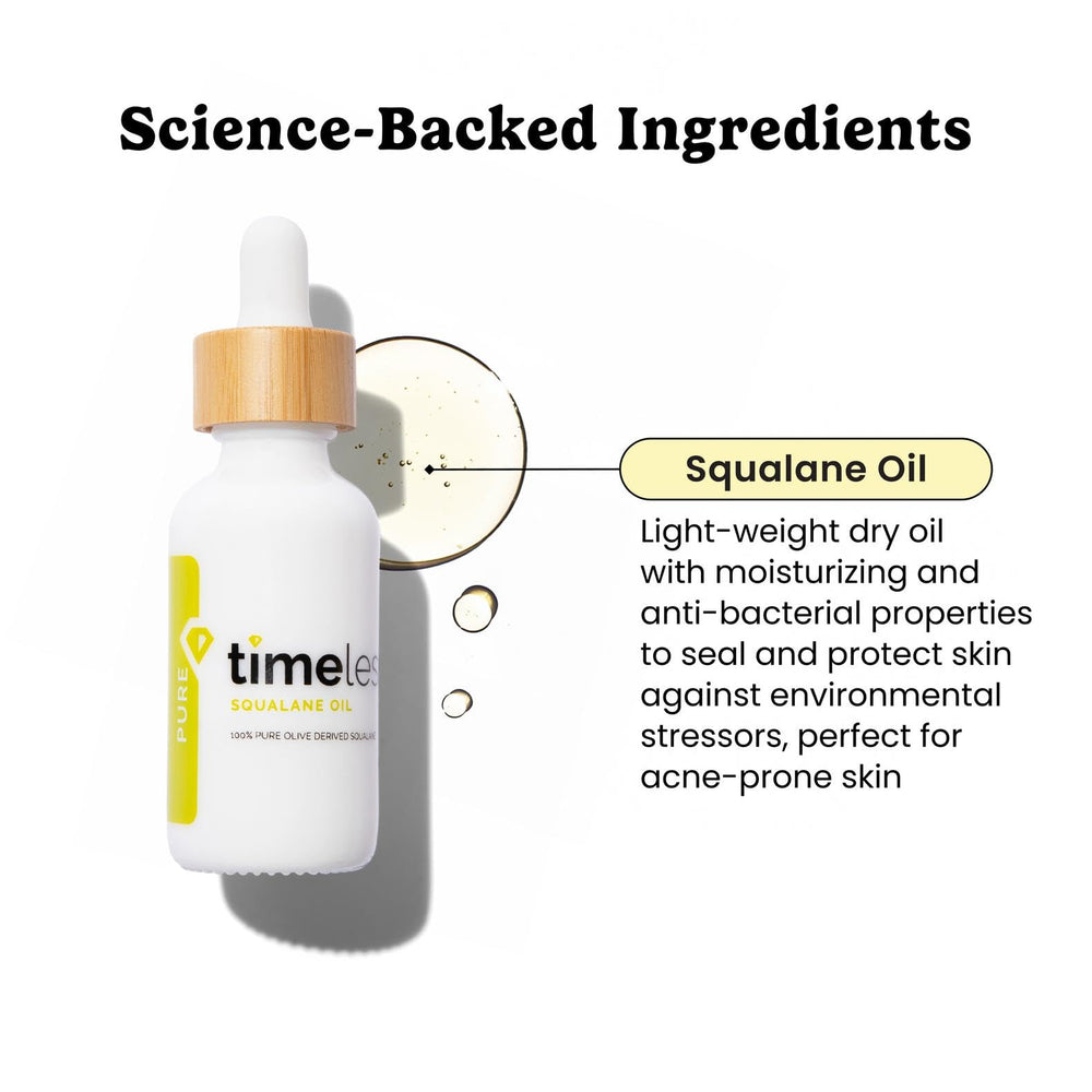 Timeless Skin Care Squalane Oil texture pour demonstrates lightweight moisture delivery.