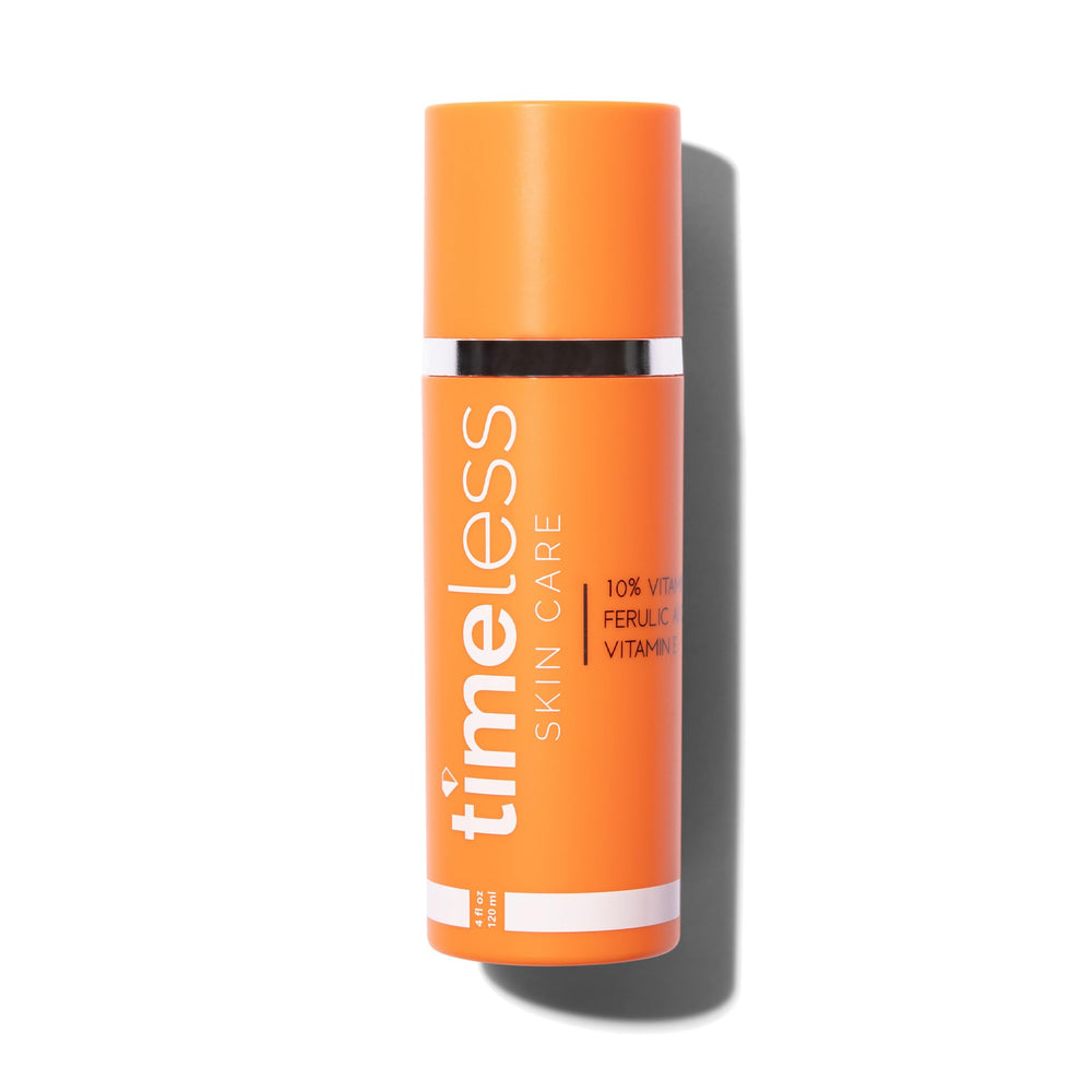 Timeless Skin Care Vitamin C Serum bottle front showcases fragrance-free brightening formula.