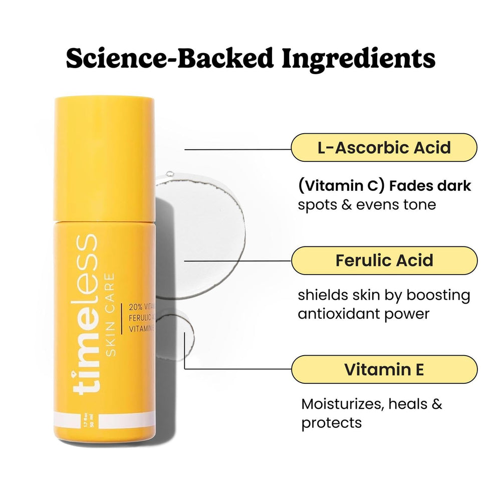Timeless Skin Care serum with dropper cap showing fragrance-free formula.