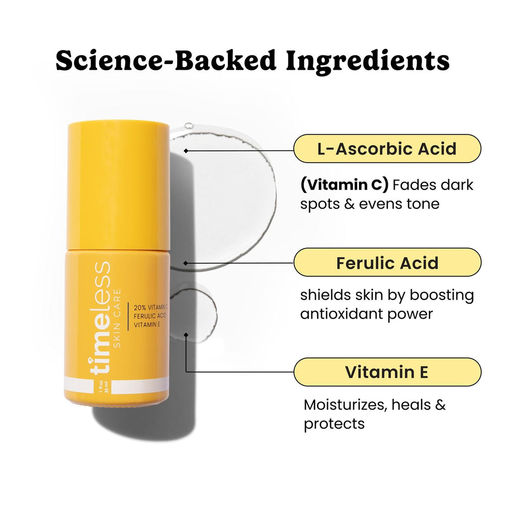 Timeless Skin Care Vitamin C Serum label close-up highlighting fragrance-free, cruelty-free packaging.
