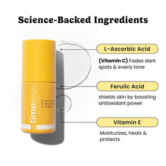 Timeless Skin Care Vitamin C Serum label close-up highlighting fragrance-free, cruelty-free packaging.