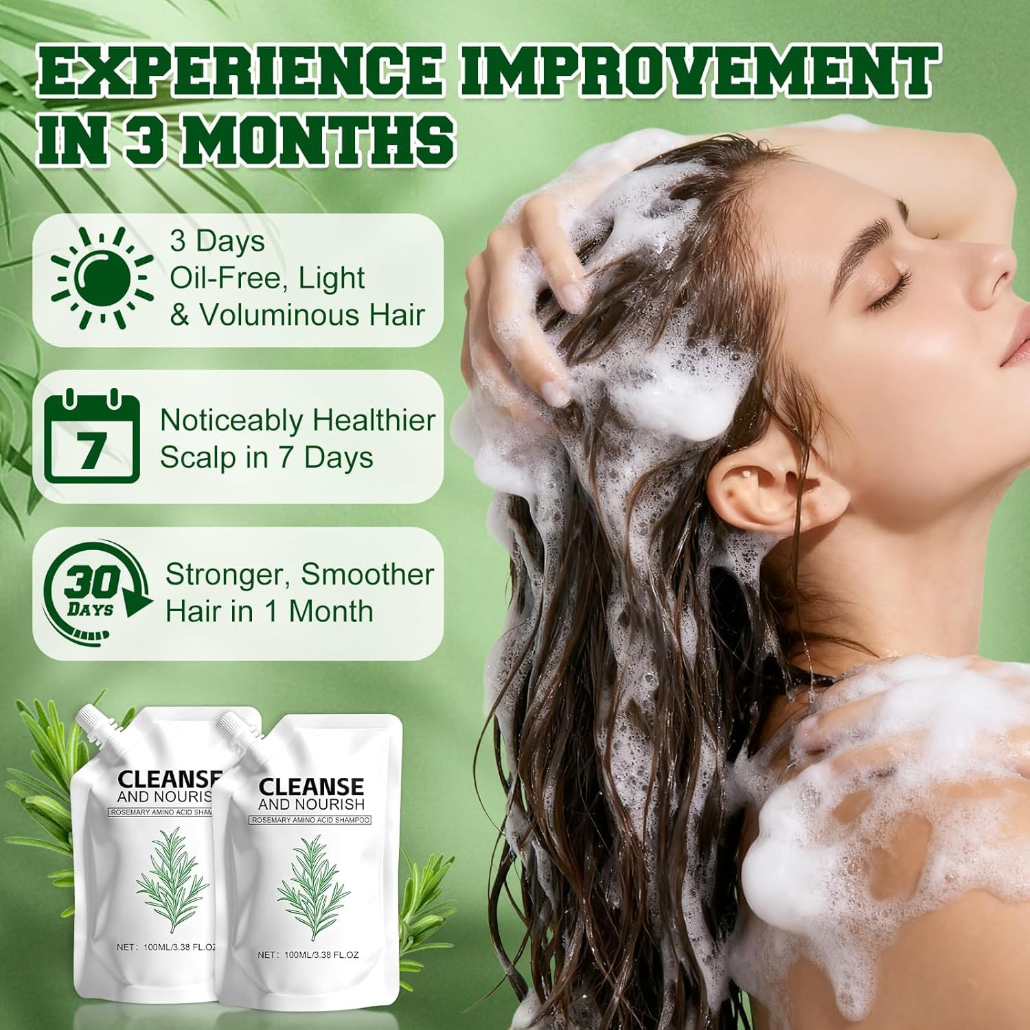 TIMLIFE Rosemary Amino Acid Shampoo scalp-massage highlights gentle cleansing during wash.