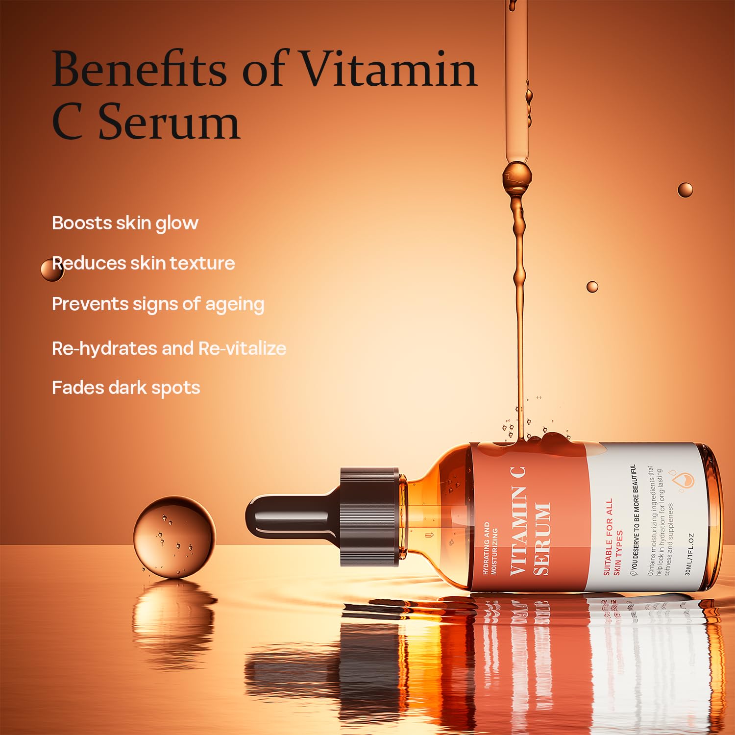 Tinclen Vitamin C Serum texture close-up emphasizes lightweight, non-greasy finish.