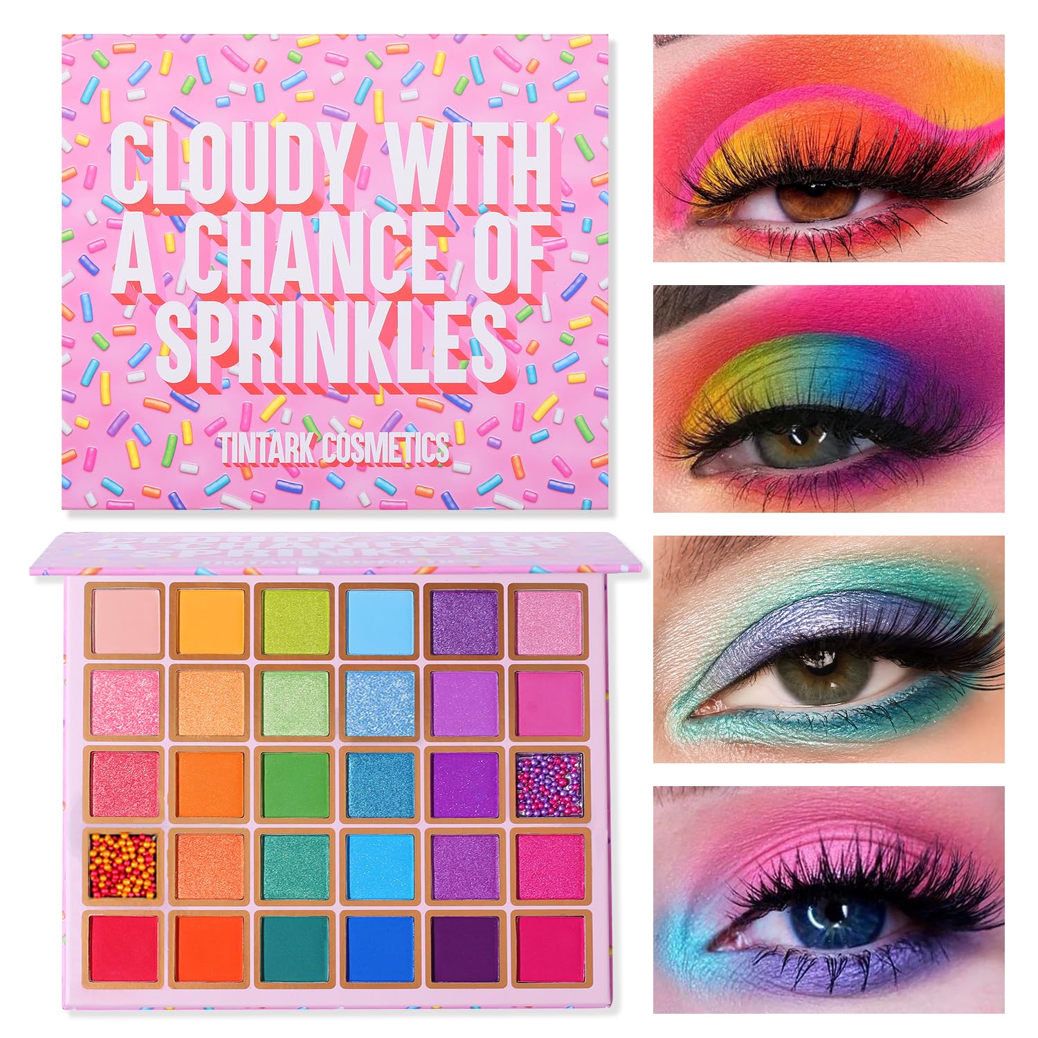 Tintark eyeshadow palette showcasing 30 vibrant colors for imaginative makeup.