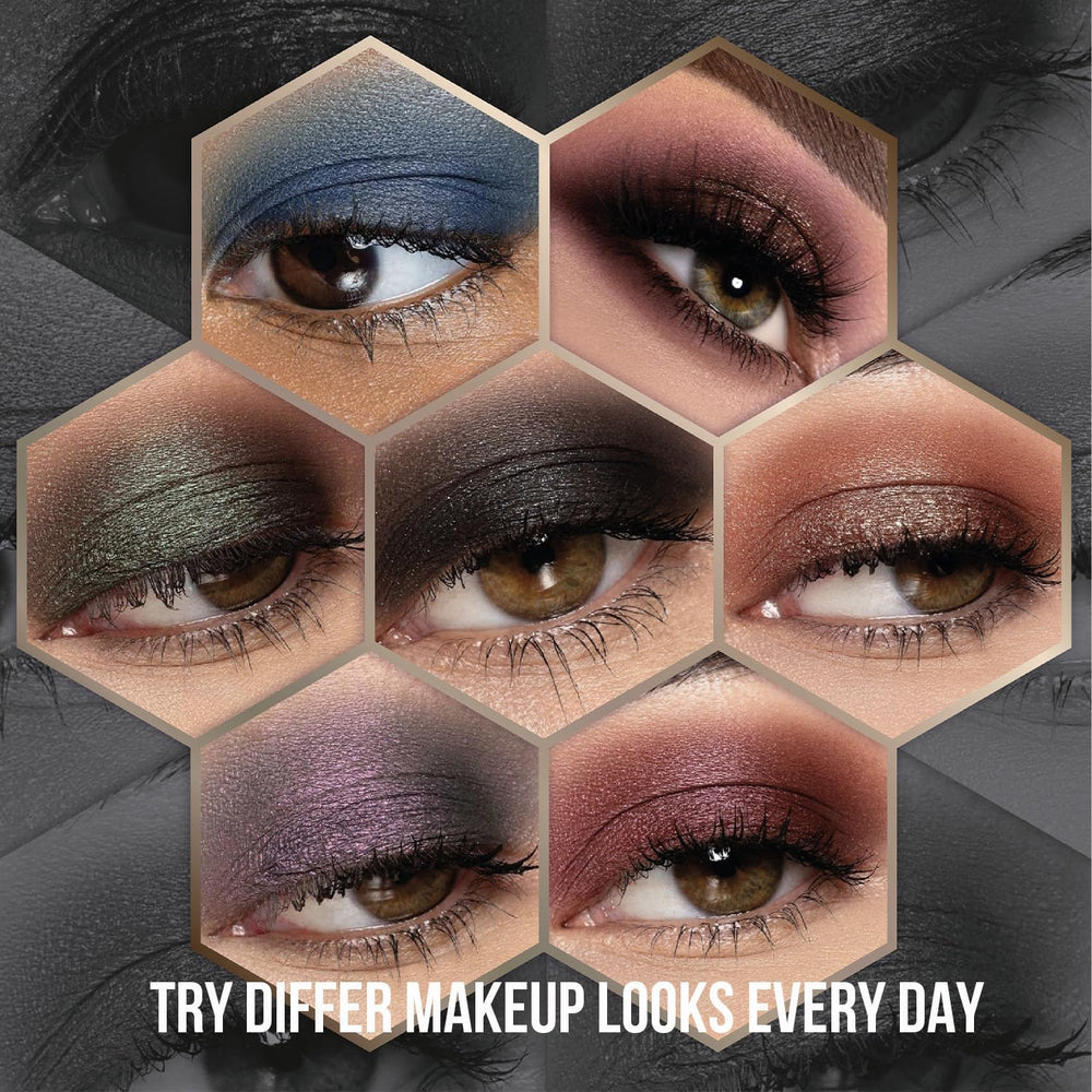 Tintark eyeshadow palette showing glitter, shimmer, and matte finishes.