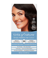 Tints of Nature 3N natural dark brown dye bottle highlights a natural-looking shade for grey coverage.