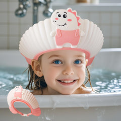 TinyGuardian baby shower cap shield pink dinosaur front view reduces water splash during baths.